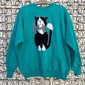 Vintage Handmade Velvet Cat with Mouse Teal Crewneck Hanes Sweatshirt LARGE